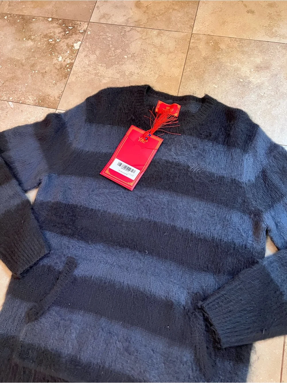 Men's Black and Charcoal Striped Crewneck Sweater